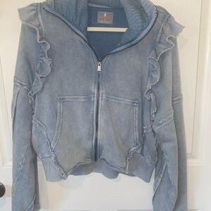Free People Women's Blue Zip Up Jacket with Ruffle Details